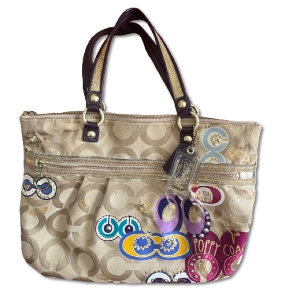 Coach Poppy 15307 Gold Khaki Glitter Doodle Purple Leather Painted Handbag Y2K